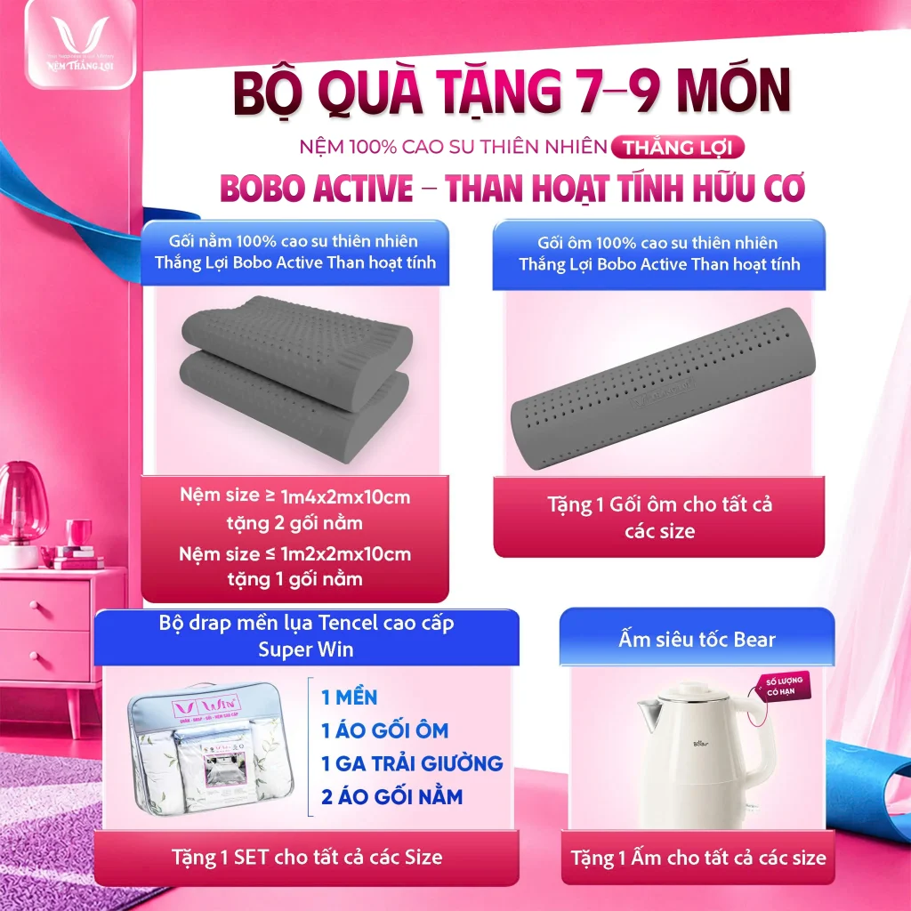 NỆM 100% Cao Su Thiên Nhiên Thắng Lợi BoBo Active - Than Hoạt Tính Hữu Cơ