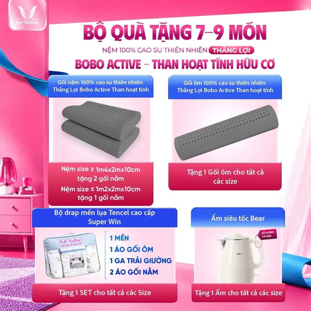 NỆM 100% Cao Su Thiên Nhiên Thắng Lợi BoBo Active - Than Hoạt Tính Hữu Cơ