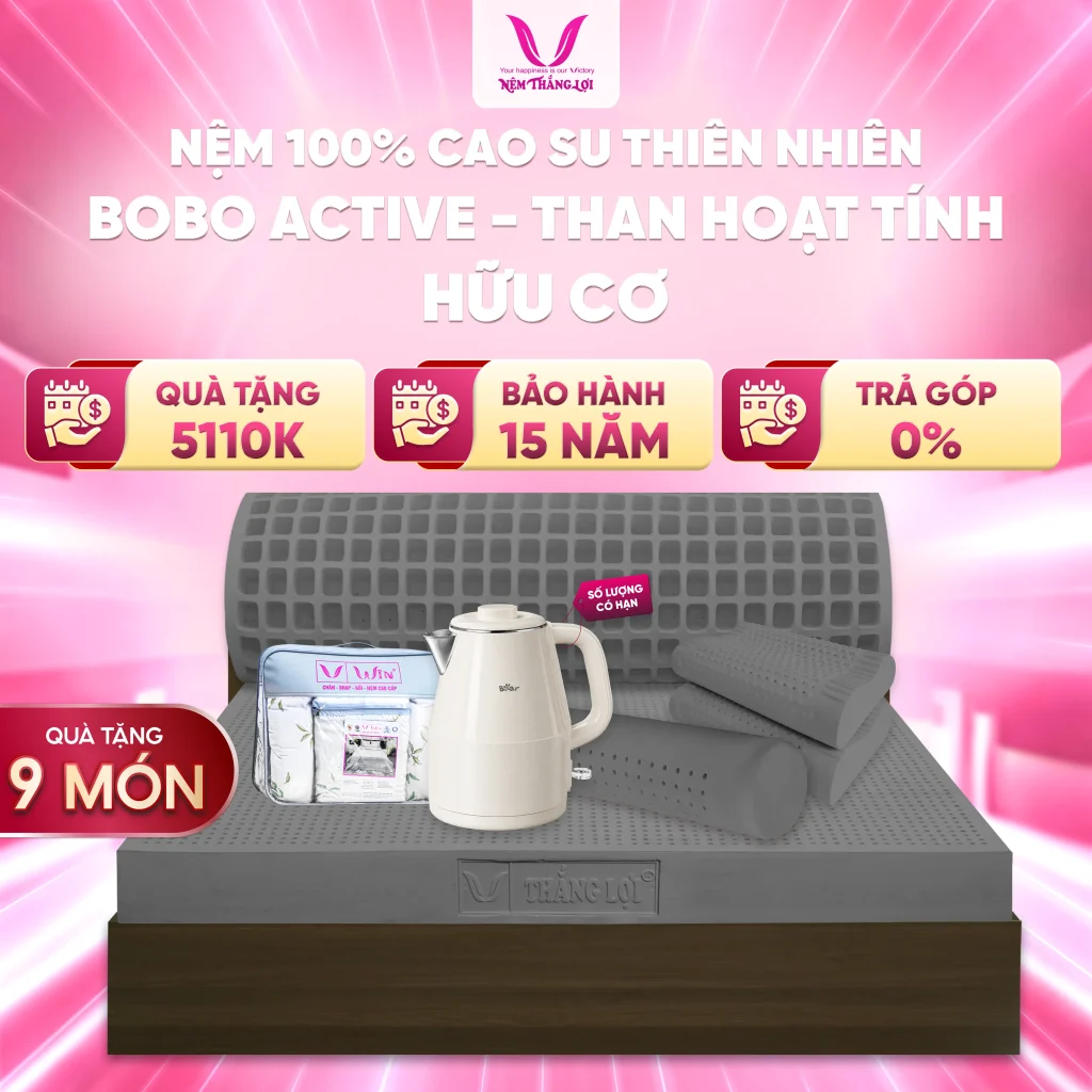 NỆM 100% Cao Su Thiên Nhiên Thắng Lợi BoBo Active - Than Hoạt Tính Hữu Cơ