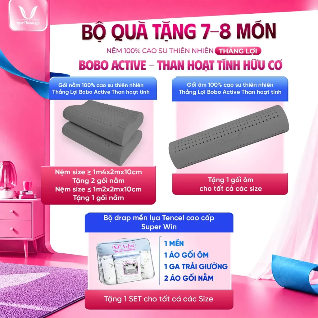 NỆM 100% Cao Su Thiên Nhiên Thắng Lợi BoBo Active - Than Hoạt Tính Hữu Cơ